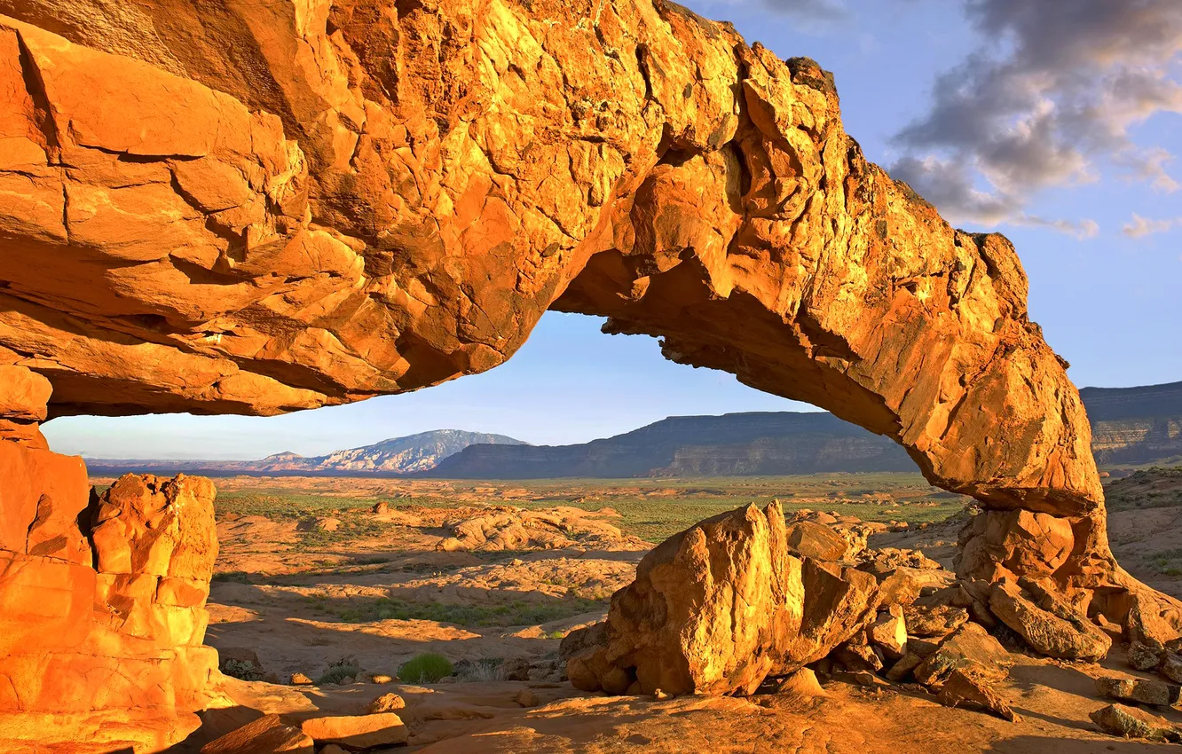Photo wallpaper the sky, mountains, stones, rocks, arch