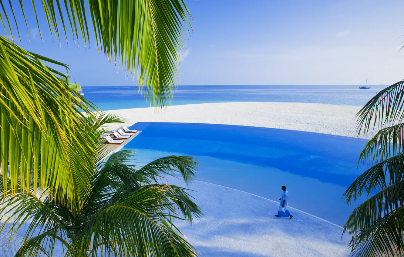 Photo wallpaper sea, palm trees, island, pool, the Maldives, white sand