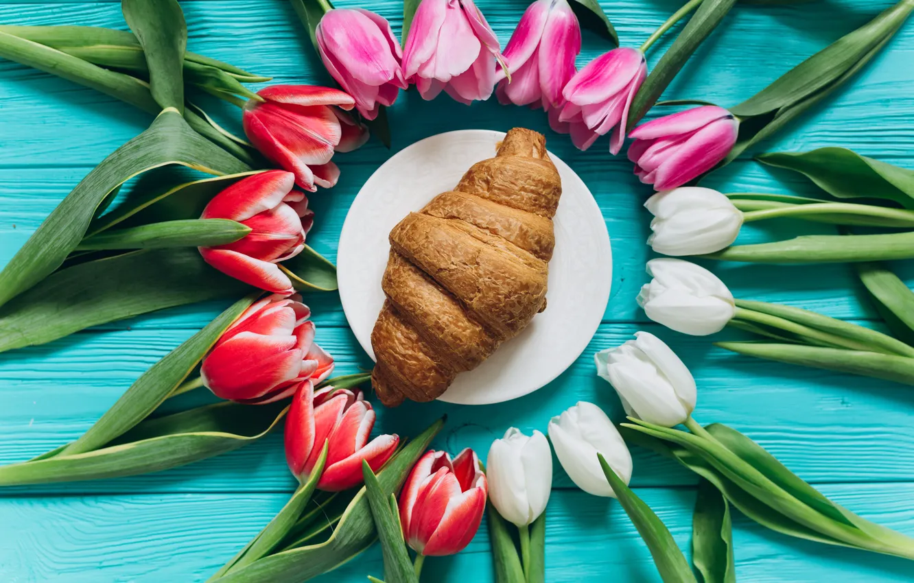 Photo wallpaper flowers, colorful, tulips, pink, white, white, fresh, wood