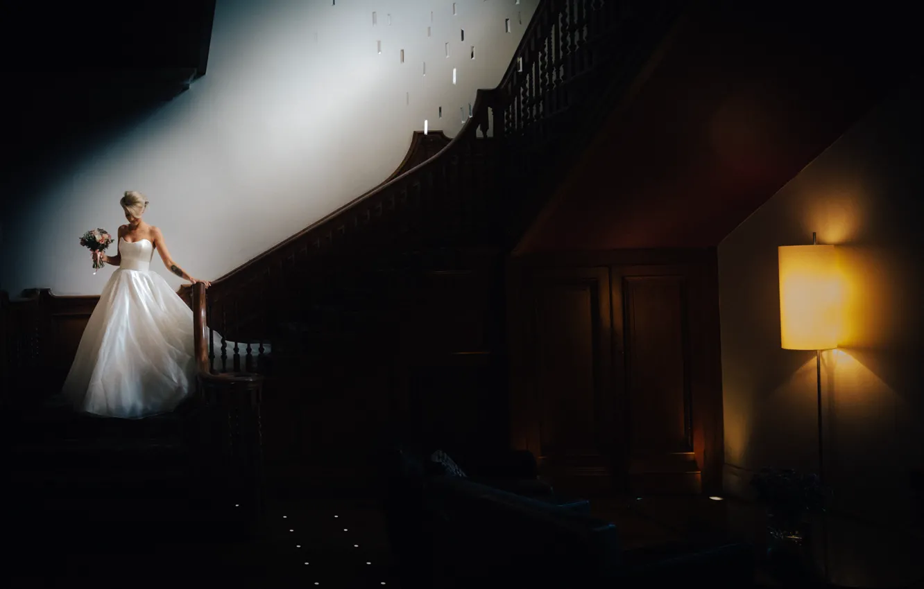 Photo wallpaper lamp, bouquet, blonde, ladder, corset, the bride, white dress