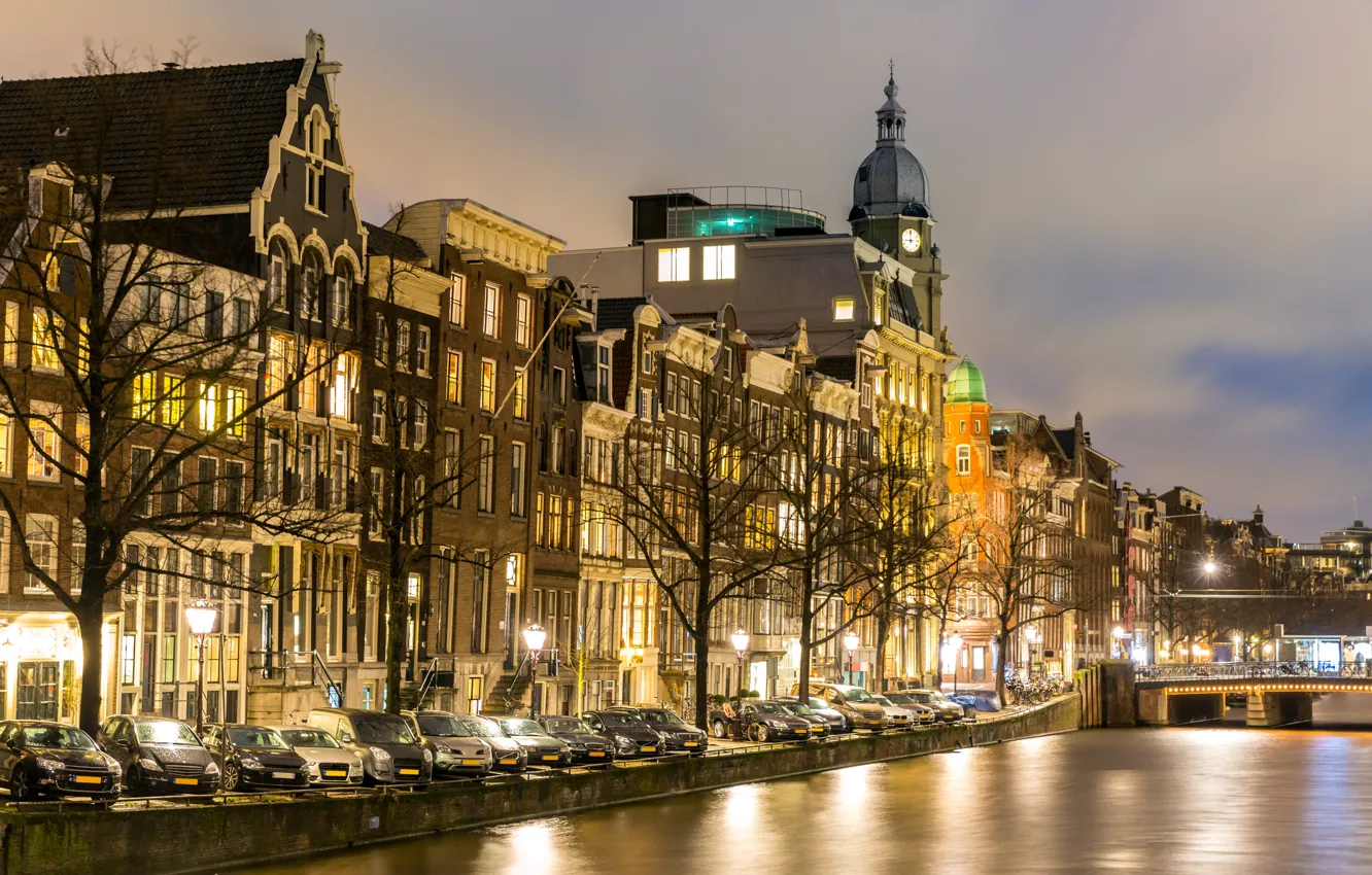 Photo wallpaper night, city, the city, lights, lights, river, Amsterdam, panorama