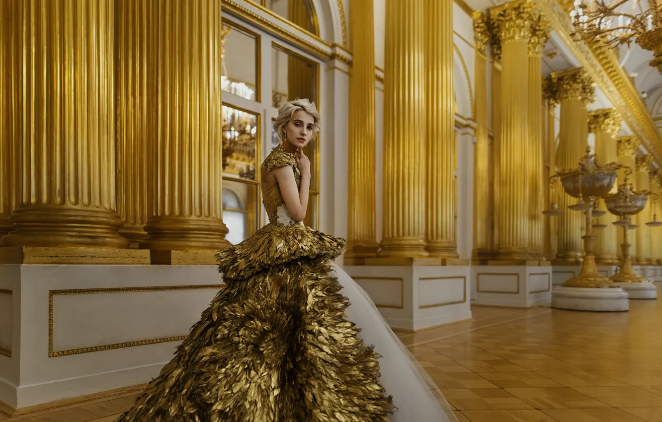 Photo wallpaper girl, decoration, haircut, portrait, interior, dress, hairstyle, blonde