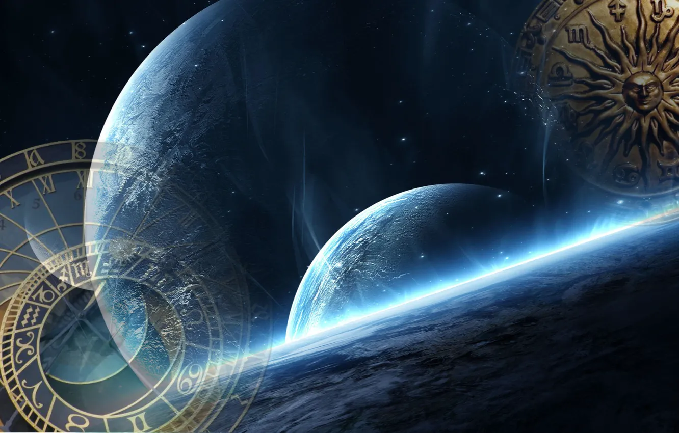 Photo wallpaper space, time, fiction, watch, planet, art