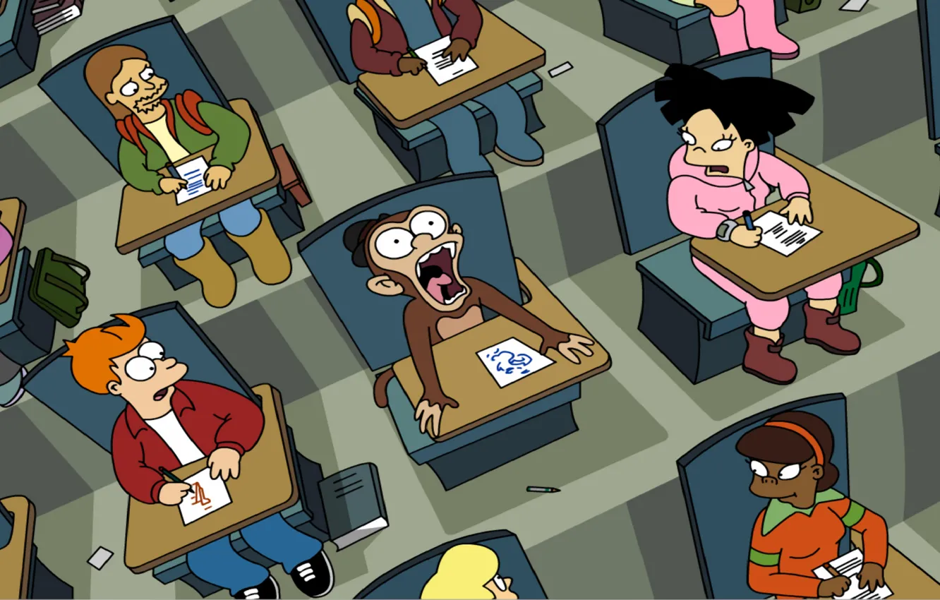 Photo wallpaper Futurama, Futurama, Fry, monkey, Creek, shock, Amy