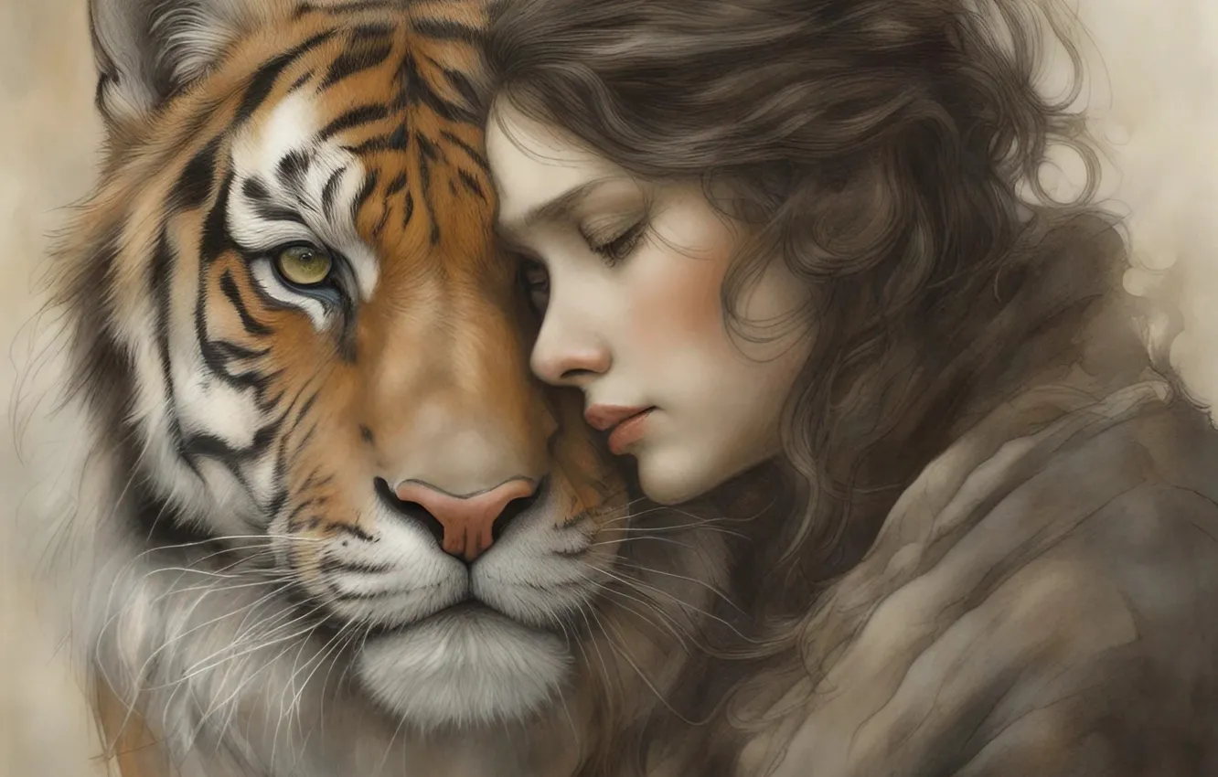 Photo wallpaper girl, tiger, painting, imitation painting, AI art, neural network