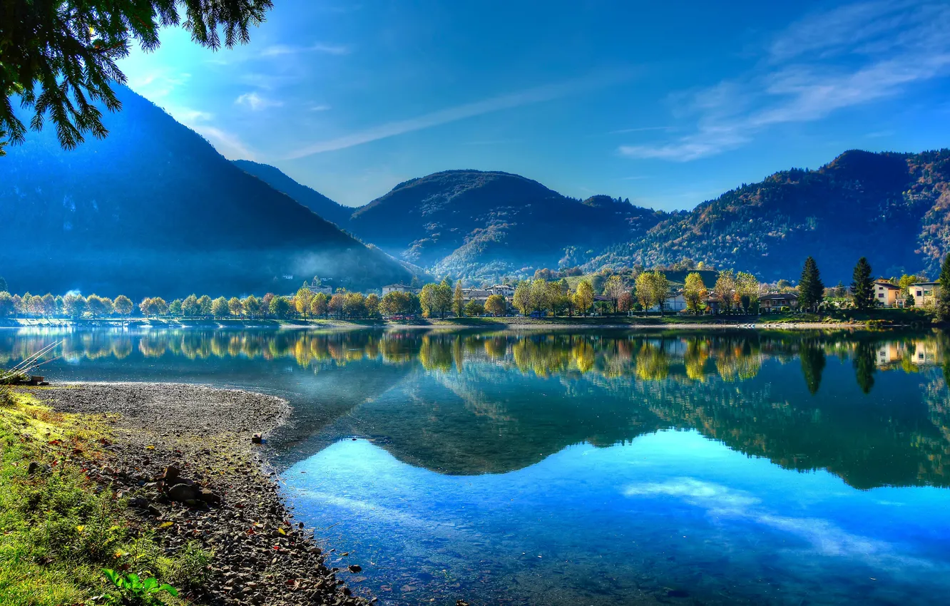 Photo wallpaper trees, landscape, mountains, lake, reflection, clear water, Alps, Italy
