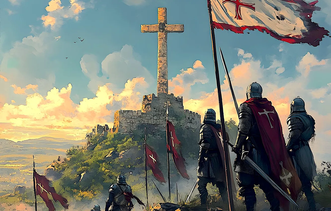 Photo wallpaper sword, fantasy, armor, sky, landscape, cross, clouds, hills