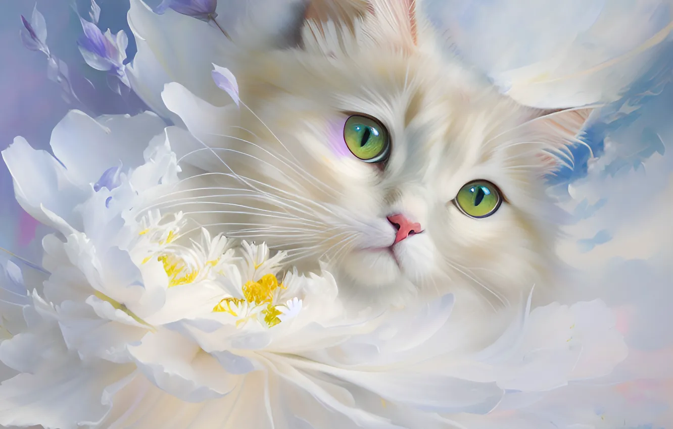 Photo wallpaper cat, white, the sky, look, clouds, flowers, pose, petals