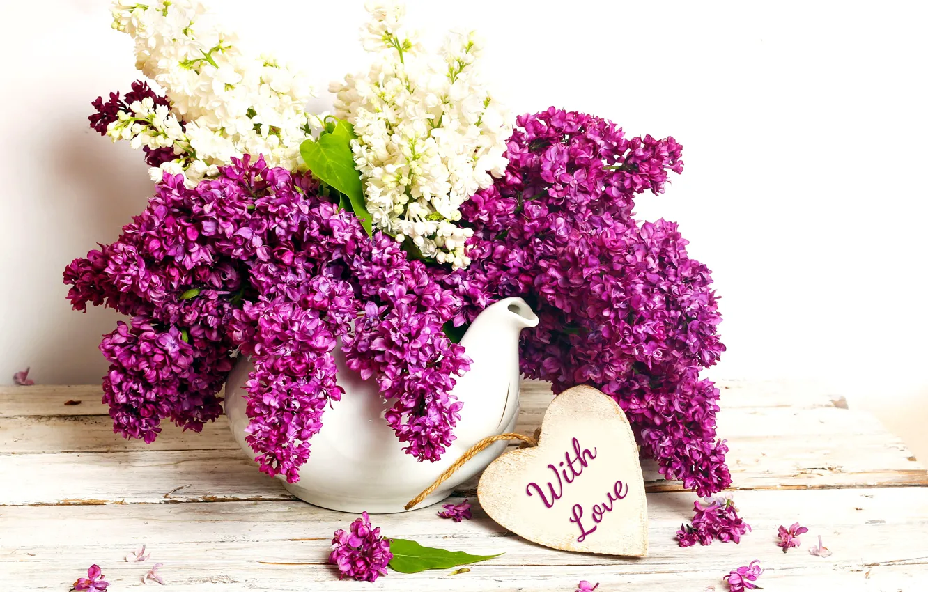 Photo wallpaper flowers, lilac, spring, purple, vase, bouquet, romance, with love