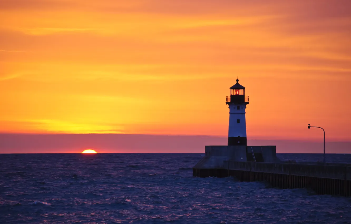 Photo wallpaper sea, sunset, lighthouse