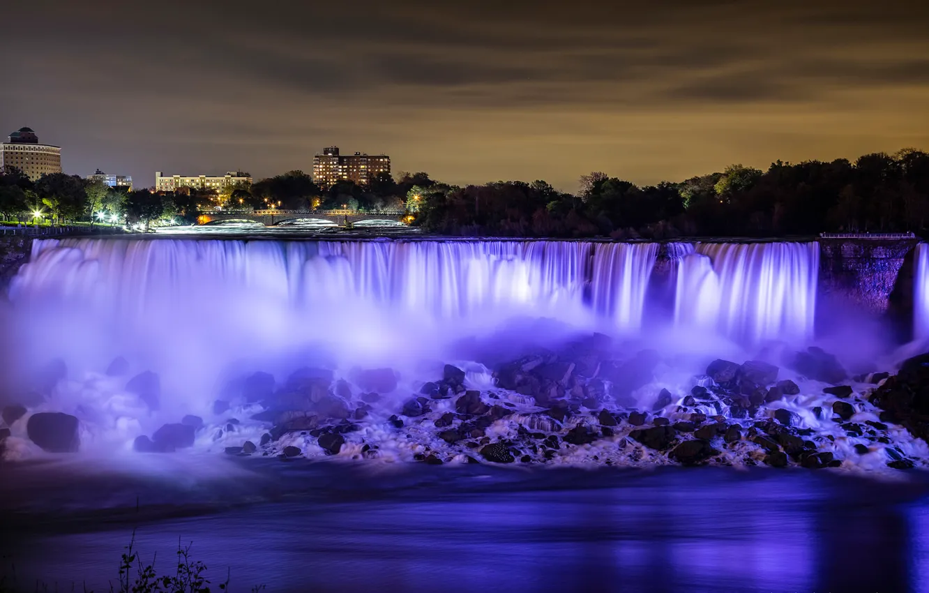 Photo wallpaper the sky, night, lights, river, home, Niagara falls