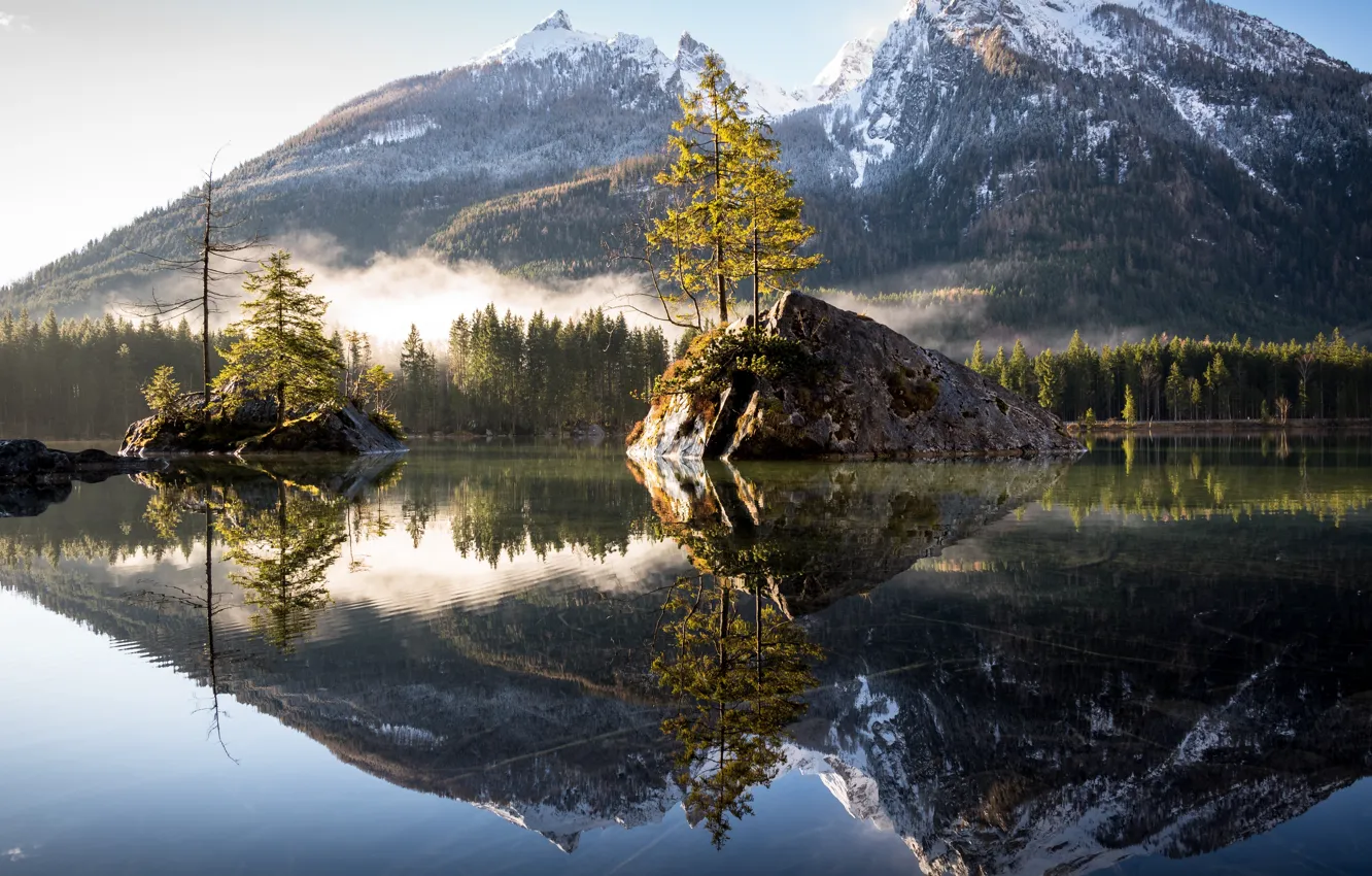 Photo wallpaper forest, nature, lake, reflection, stones, mountain