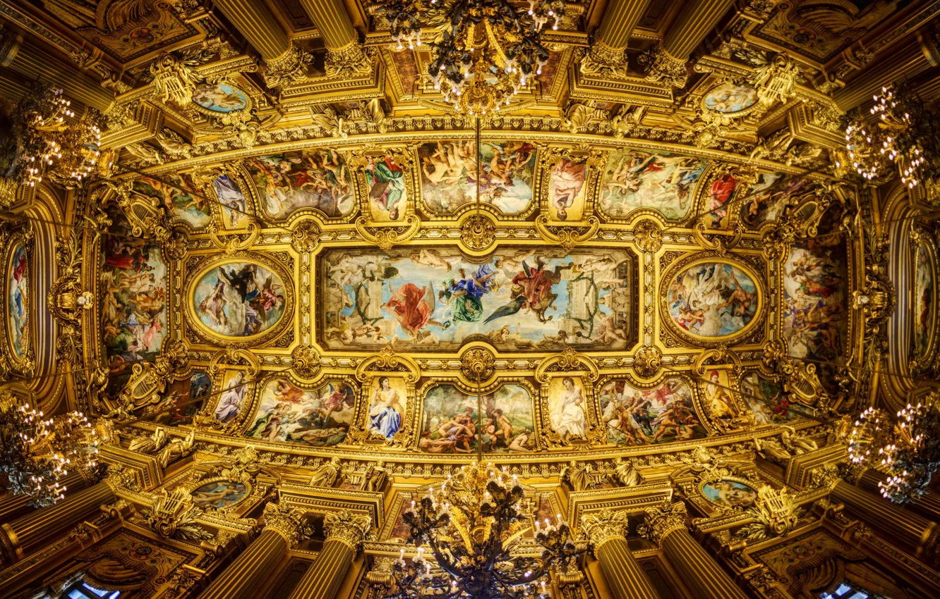 Photo wallpaper the ceiling, columns, Opera Garnier, painting, chandeliers, Grand Opera, The Paris Opera