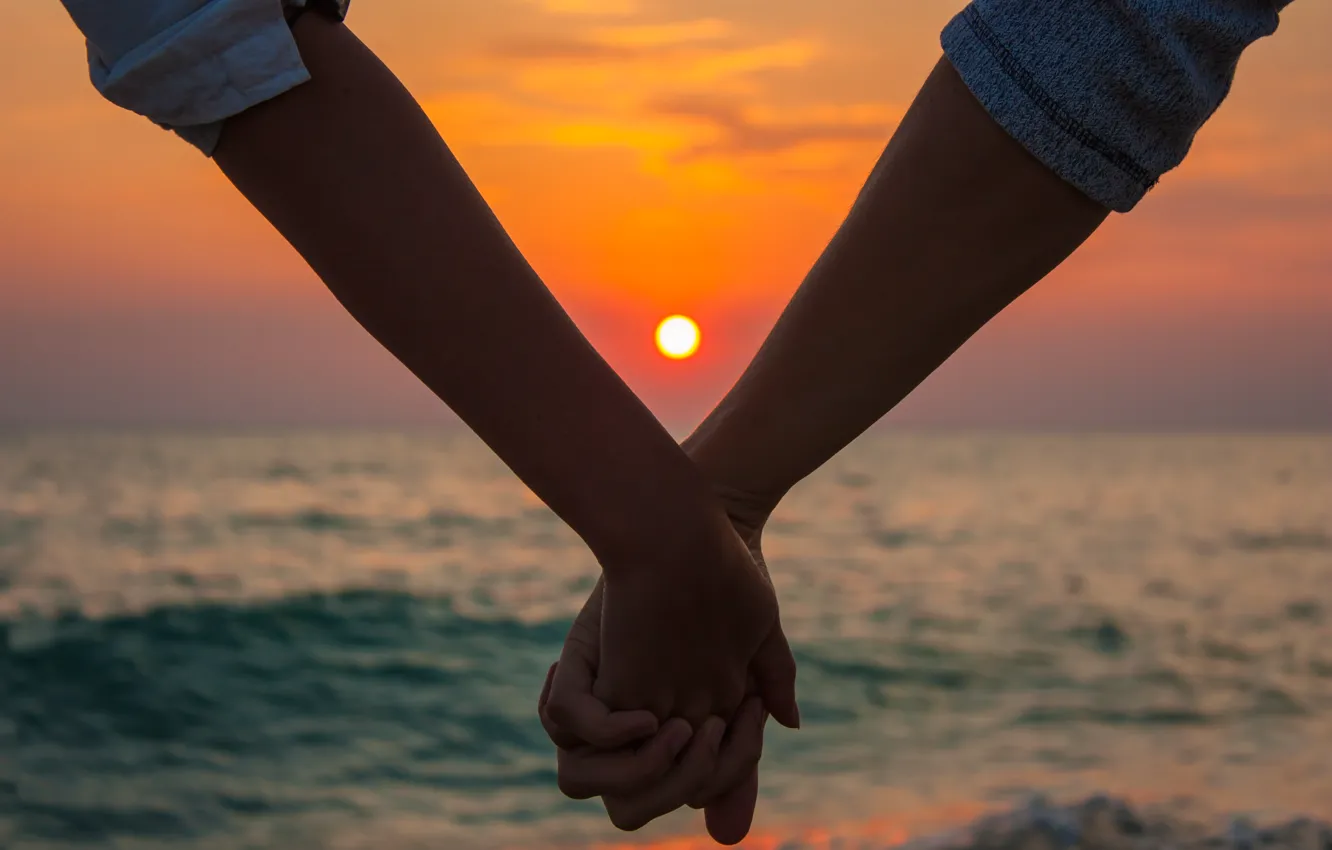 Photo wallpaper sea, love, sunset, nature, hands
