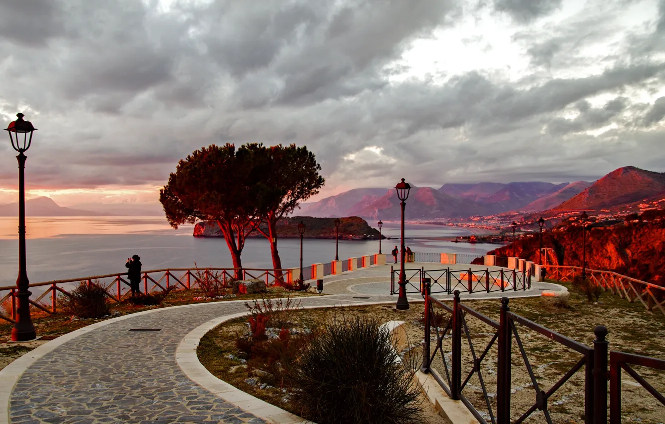 Photo wallpaper city, sky, sea, Italy, sunset, lamp, Calabria, San Nicola Arcella