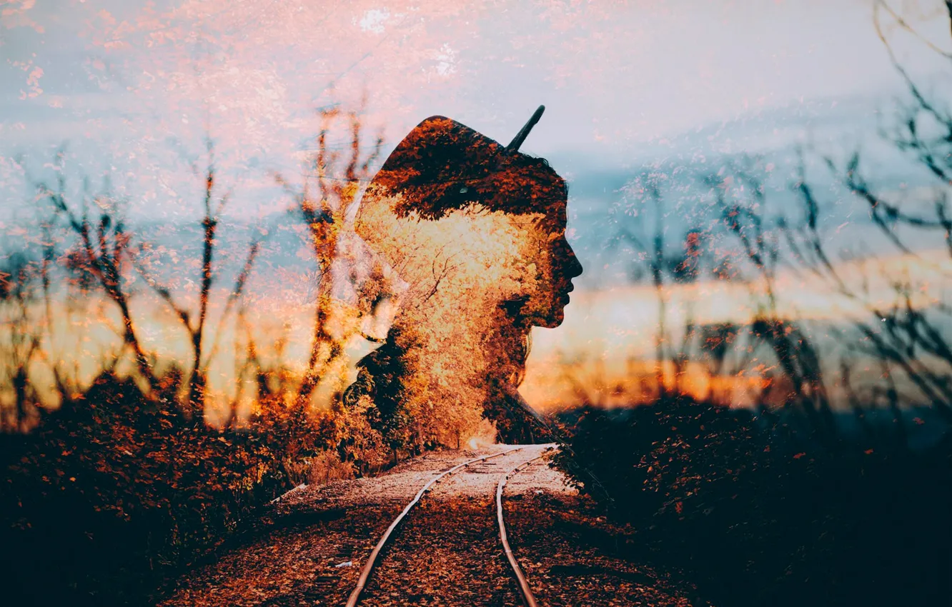 Photo wallpaper autumn, girl, rails, silhouette