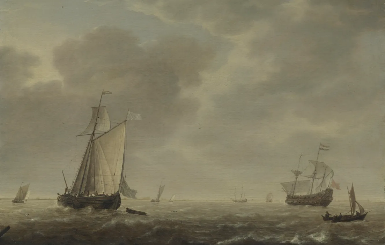Photo wallpaper ship, picture, sail, seascape, Simon de Vlieger, A Dutch Man-of-war and Various Vessels in a …