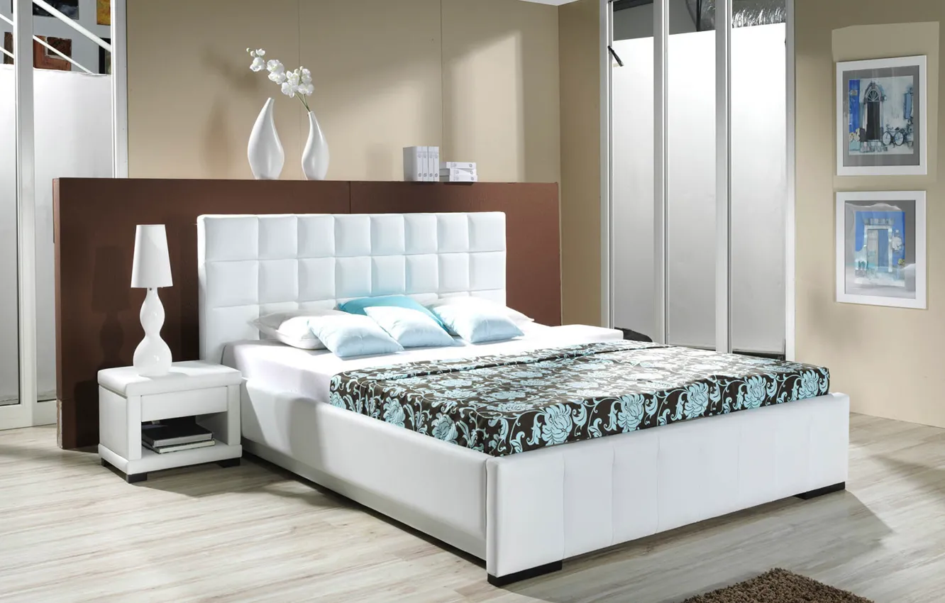 Photo wallpaper design, lamp, bed, interior, bedroom, modern