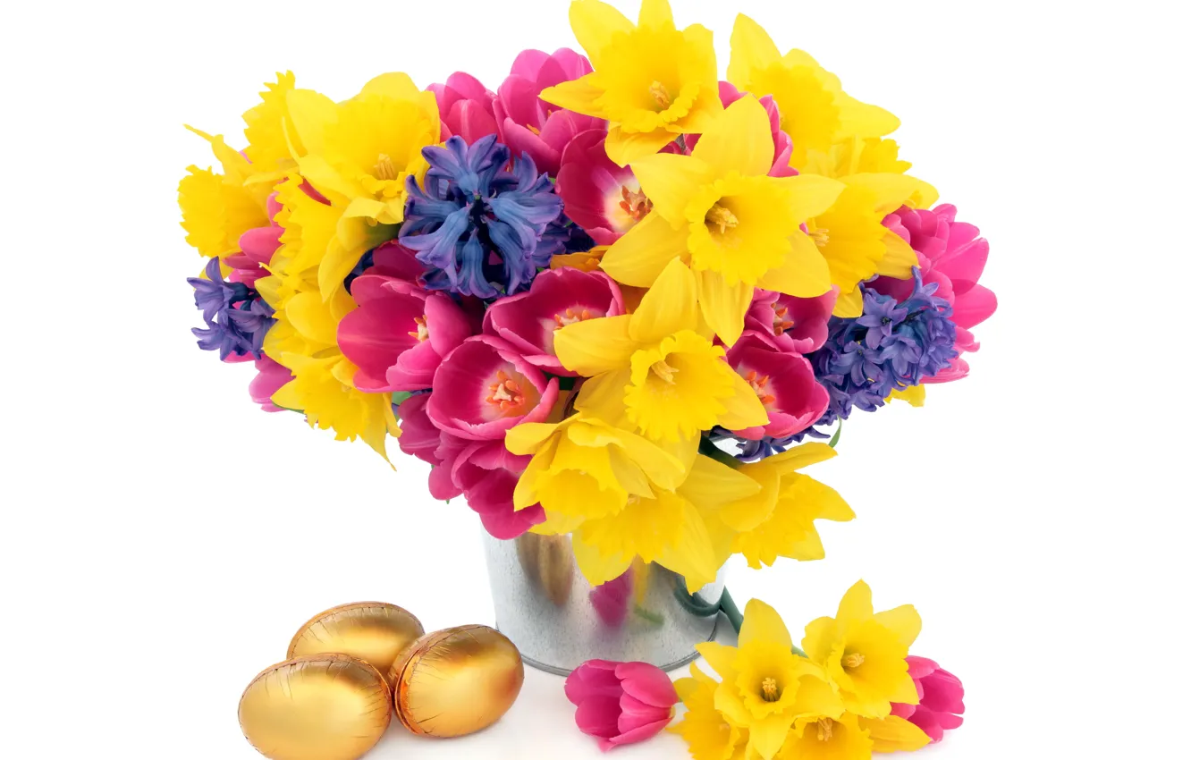 Photo wallpaper flowers, basket, tulips, flowers, tulips, daffodils, spring, eggs
