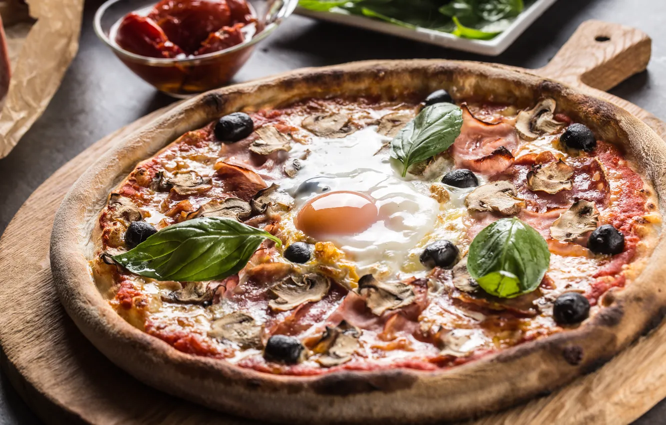 Photo wallpaper mushrooms, cheese, pizza, olives, the dough, Basil