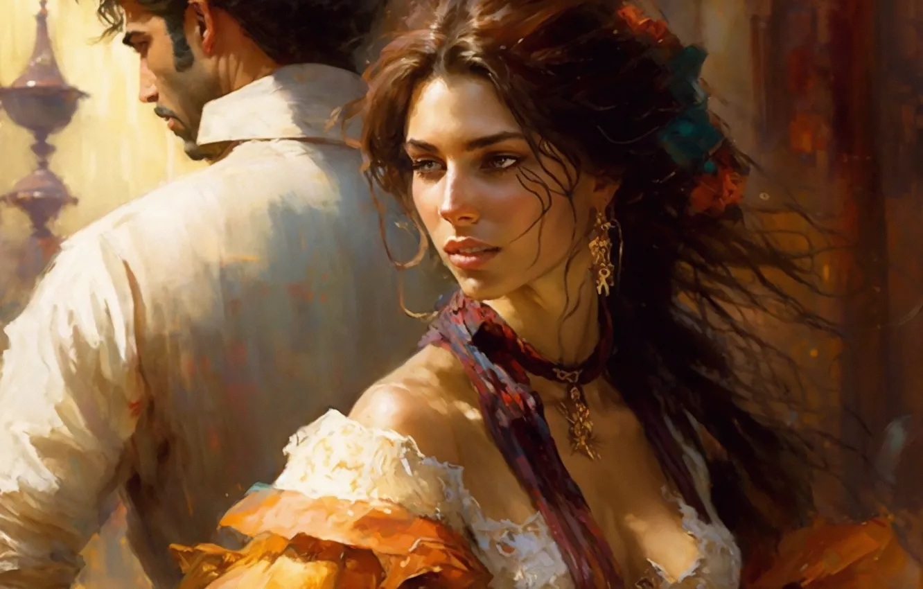 Photo wallpaper girl, love, passion, woman, pair, male, strokes, digital painting