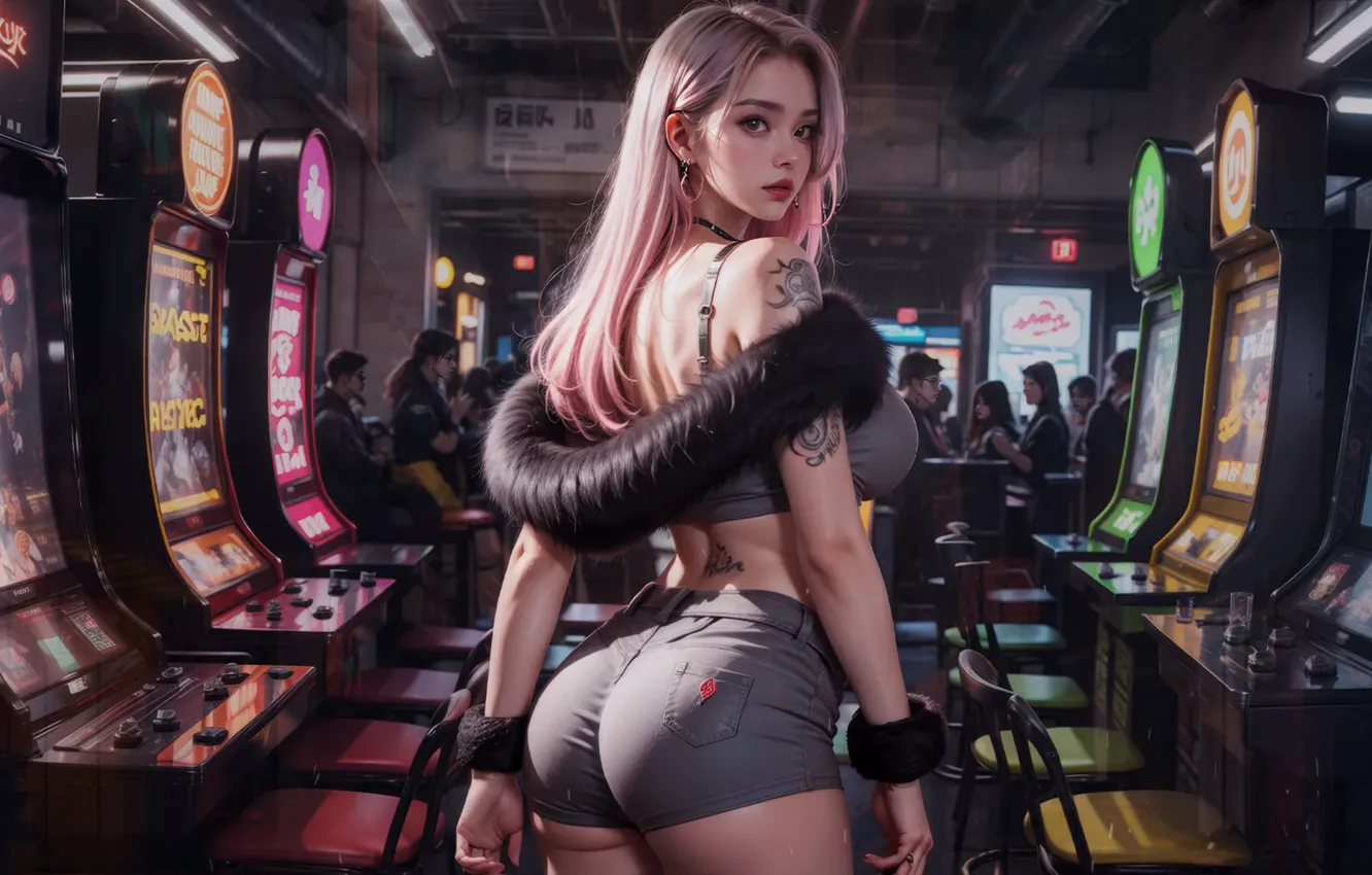 Photo wallpaper pink hair, women, arcade, AI Art, minishorts