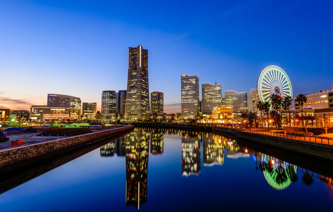 Photo wallpaper reflection, Japan, mirror, horizon, channel, Ferris wheel, blue sky, Yokohama