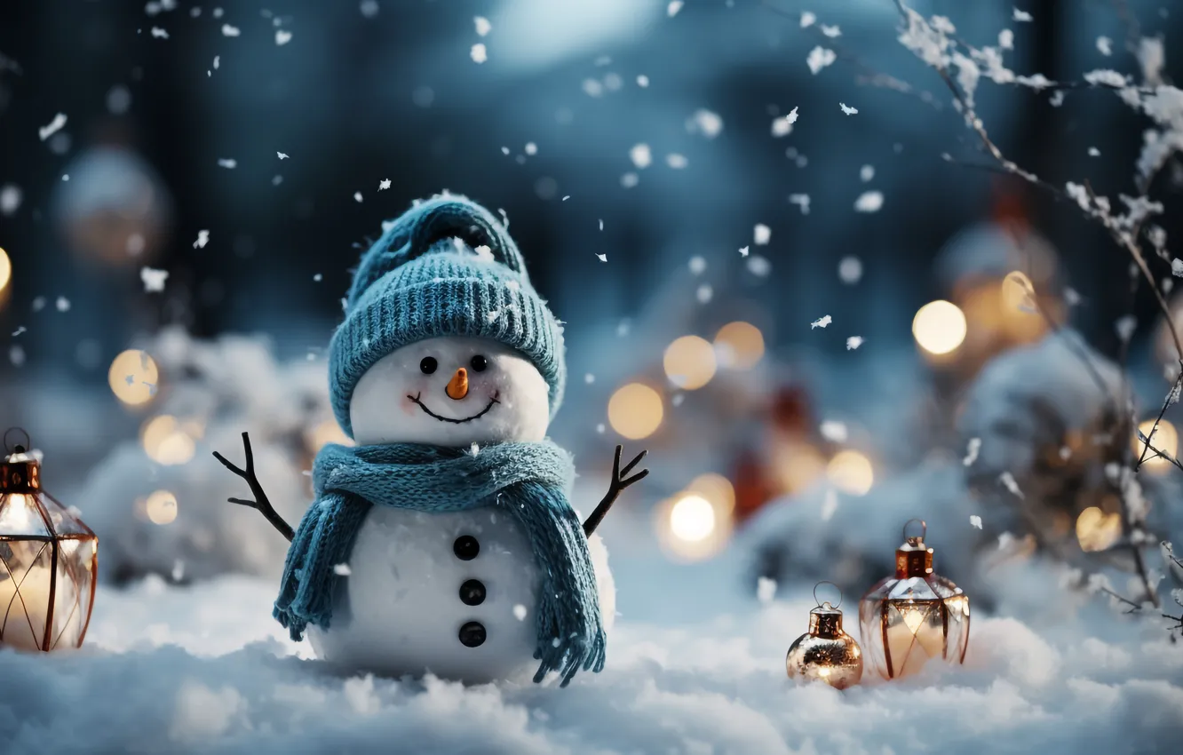 Photo wallpaper winter, snow, new year, Christmas, snowman, Christmas, night, winter