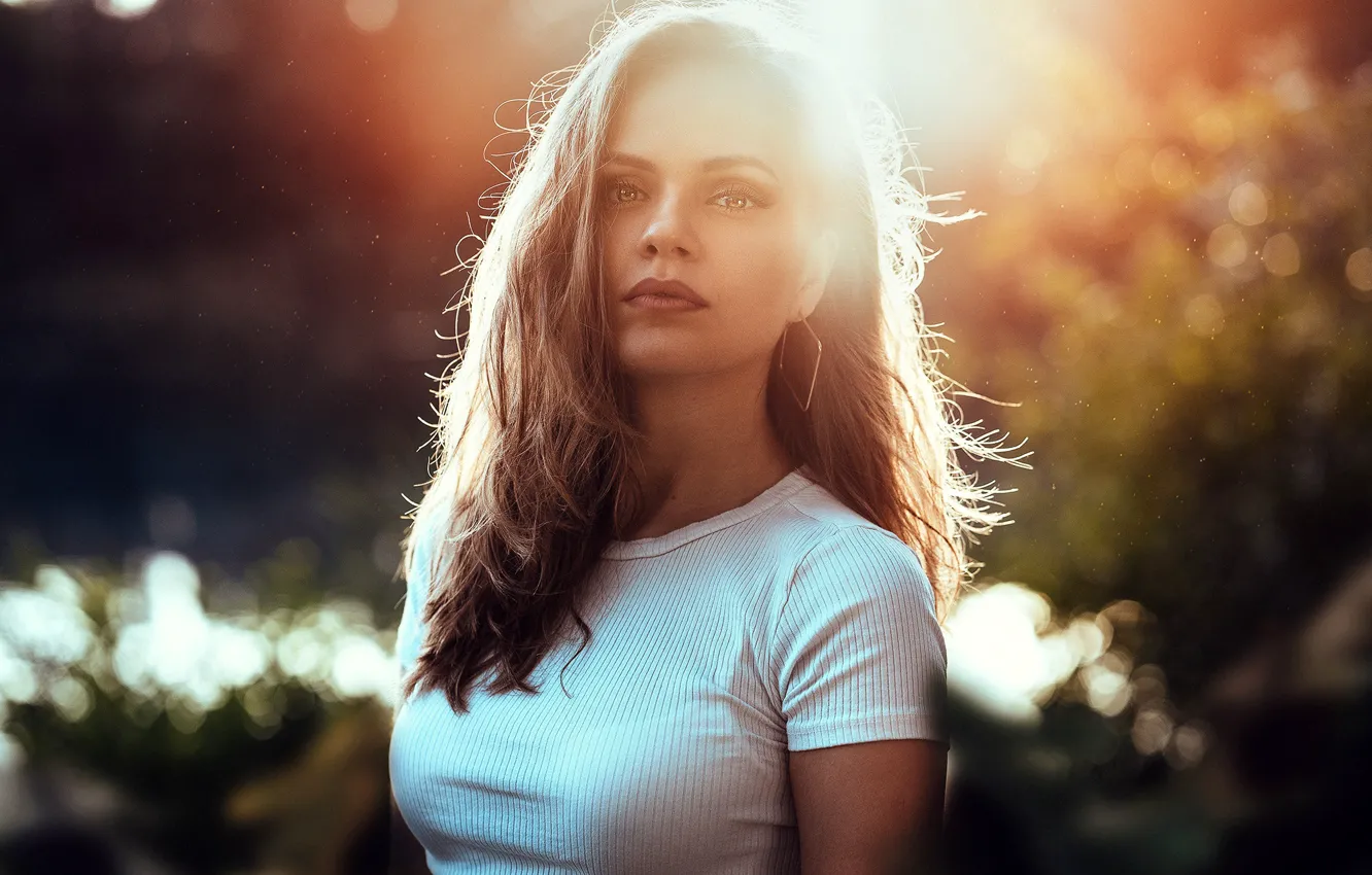 Photo wallpaper white, look, the sun, glare, model, portrait, makeup, Mike