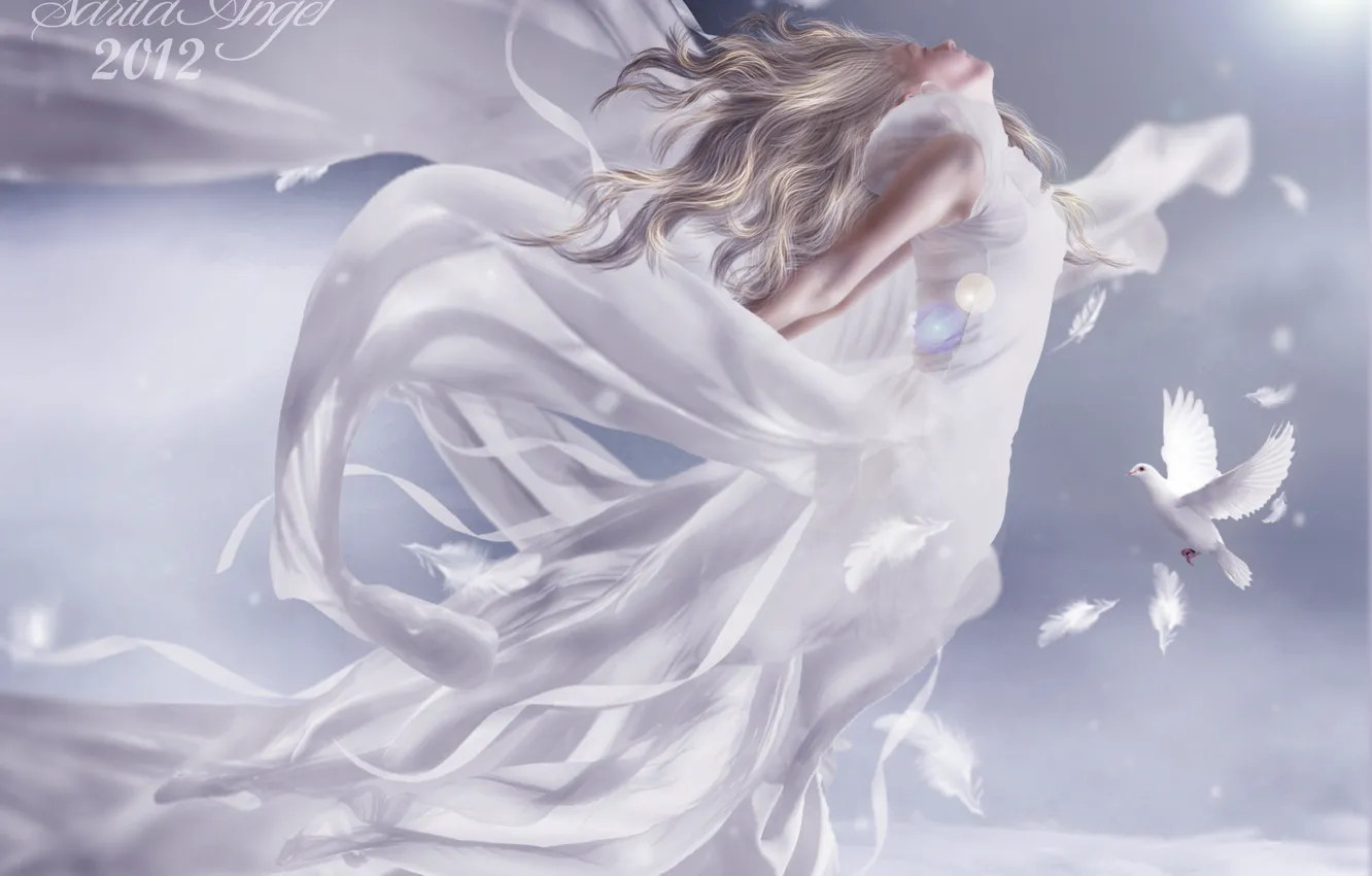 Photo wallpaper white, the sky, girl, clouds, flight, bird, wings, angel