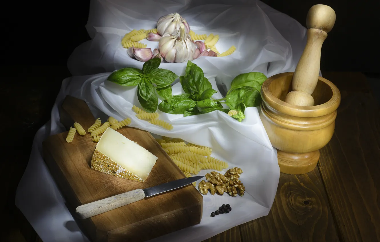 Photo wallpaper cheese, still life, garlic, walnut, mortar, Basil, pasta, Antonello Maccioni