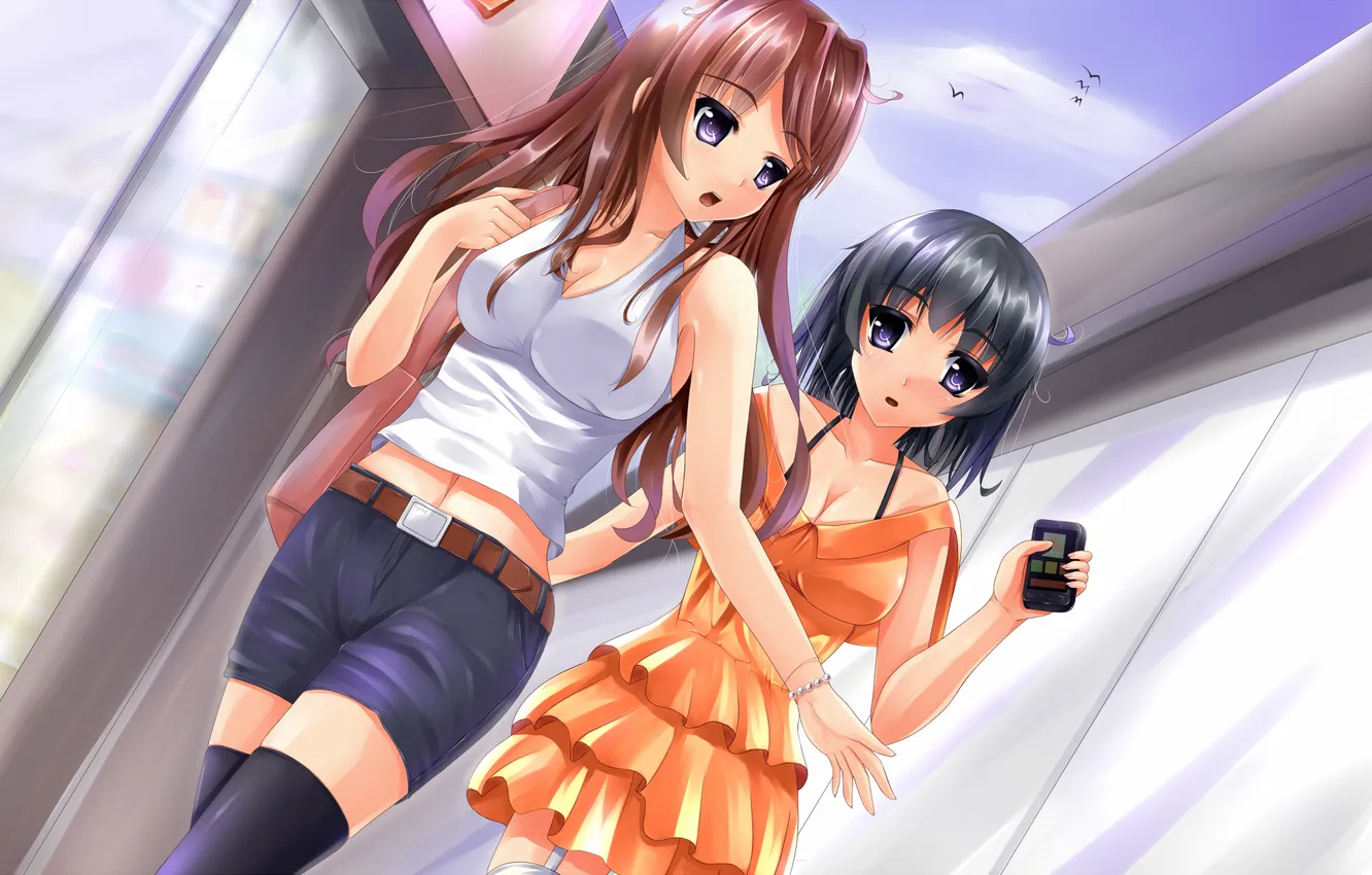 Photo wallpaper girl, long hair, dress, brown hair, short hair, purple eyes, phone, black hair