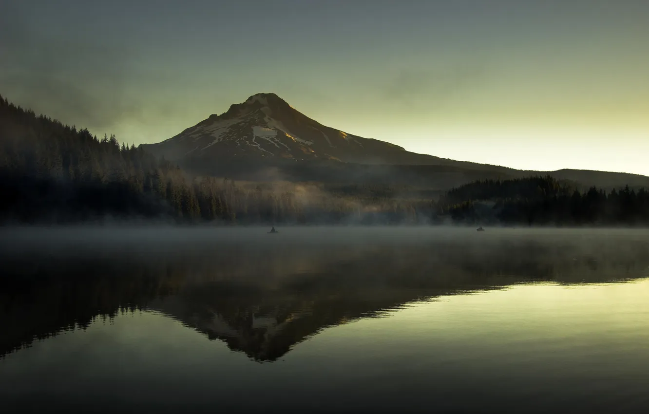 Photo wallpaper mountains, nature, lake, fisherman, morning, haze