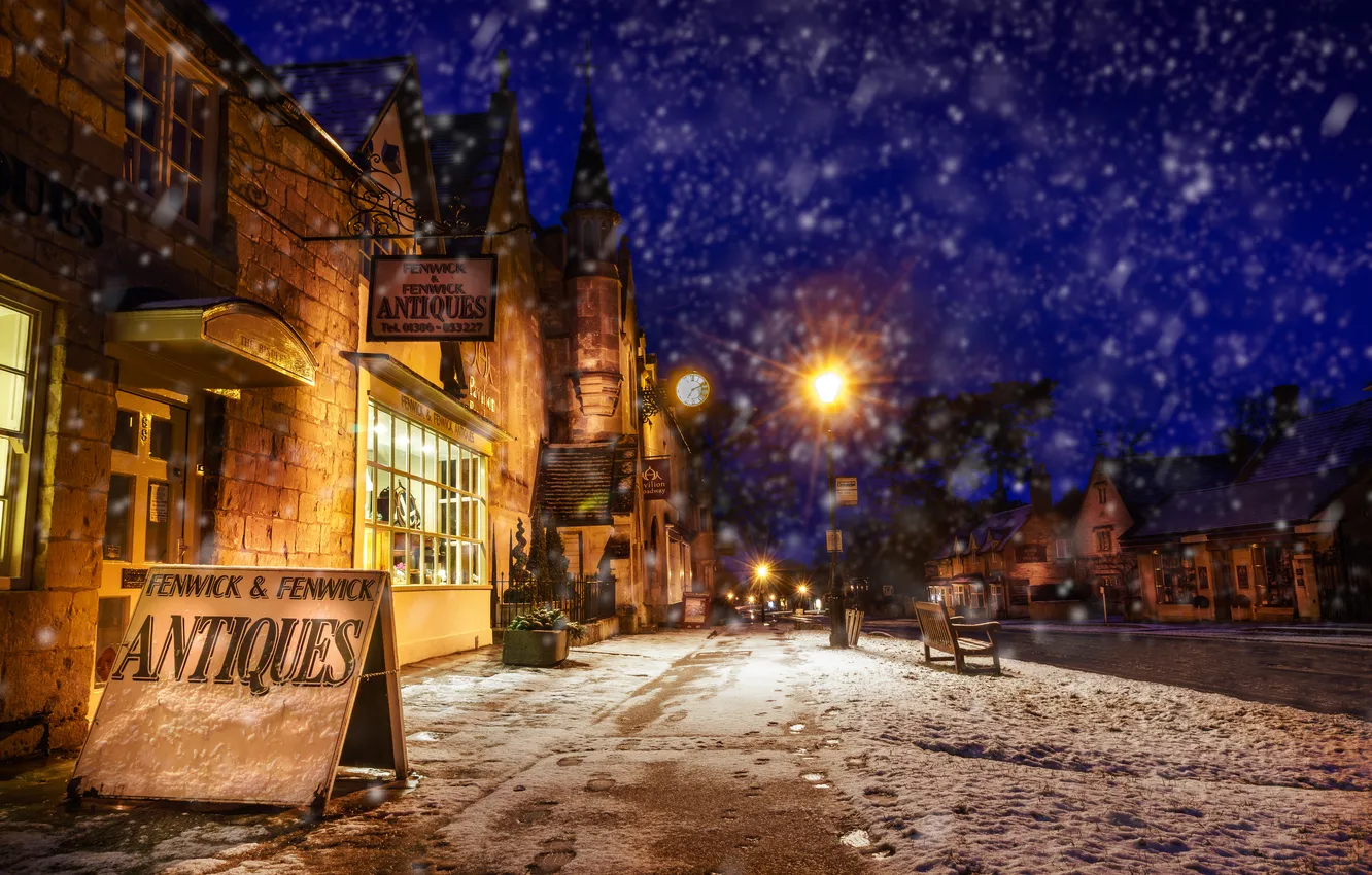Photo wallpaper snow, night, the city, street