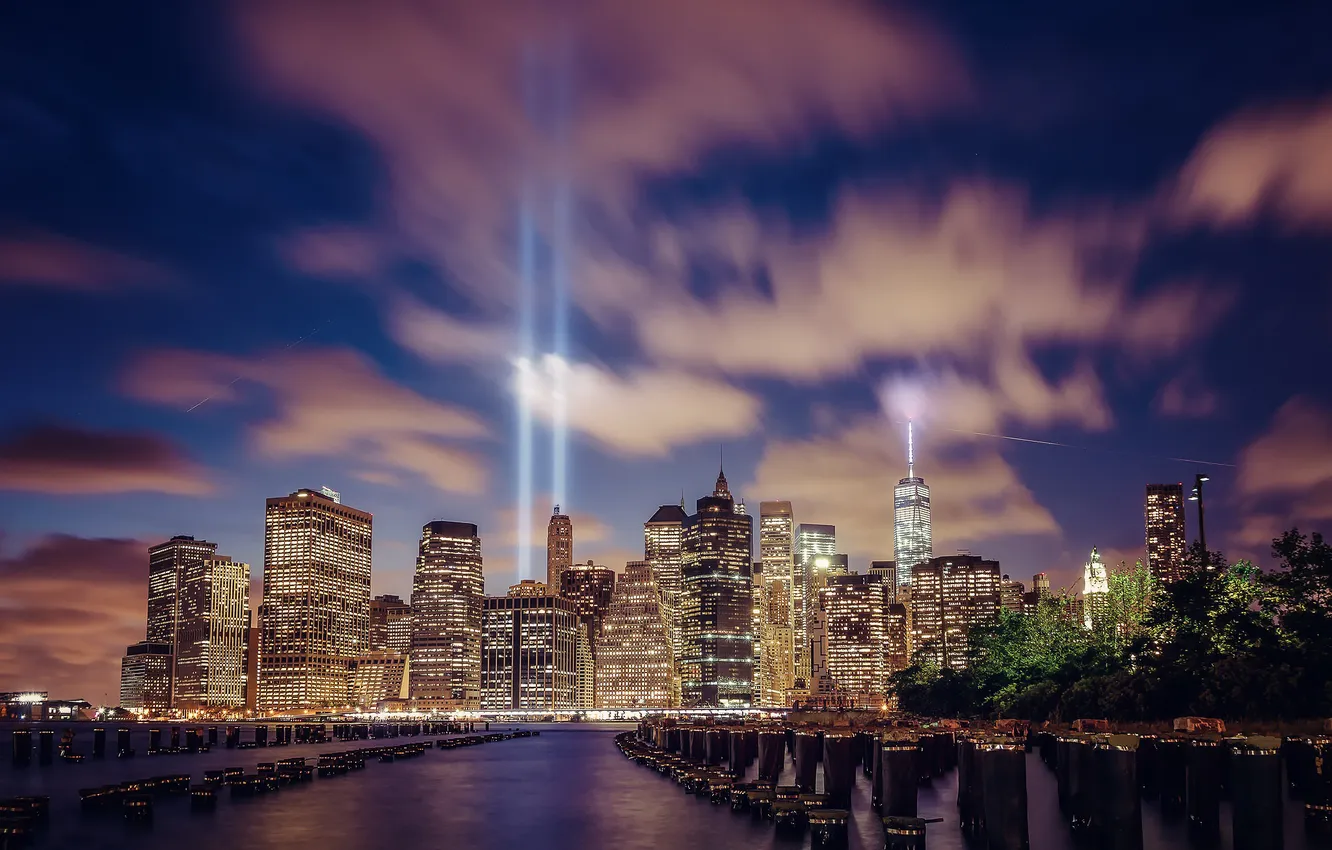 Photo wallpaper light, night, the city, lights, river, building, New York, skyscrapers