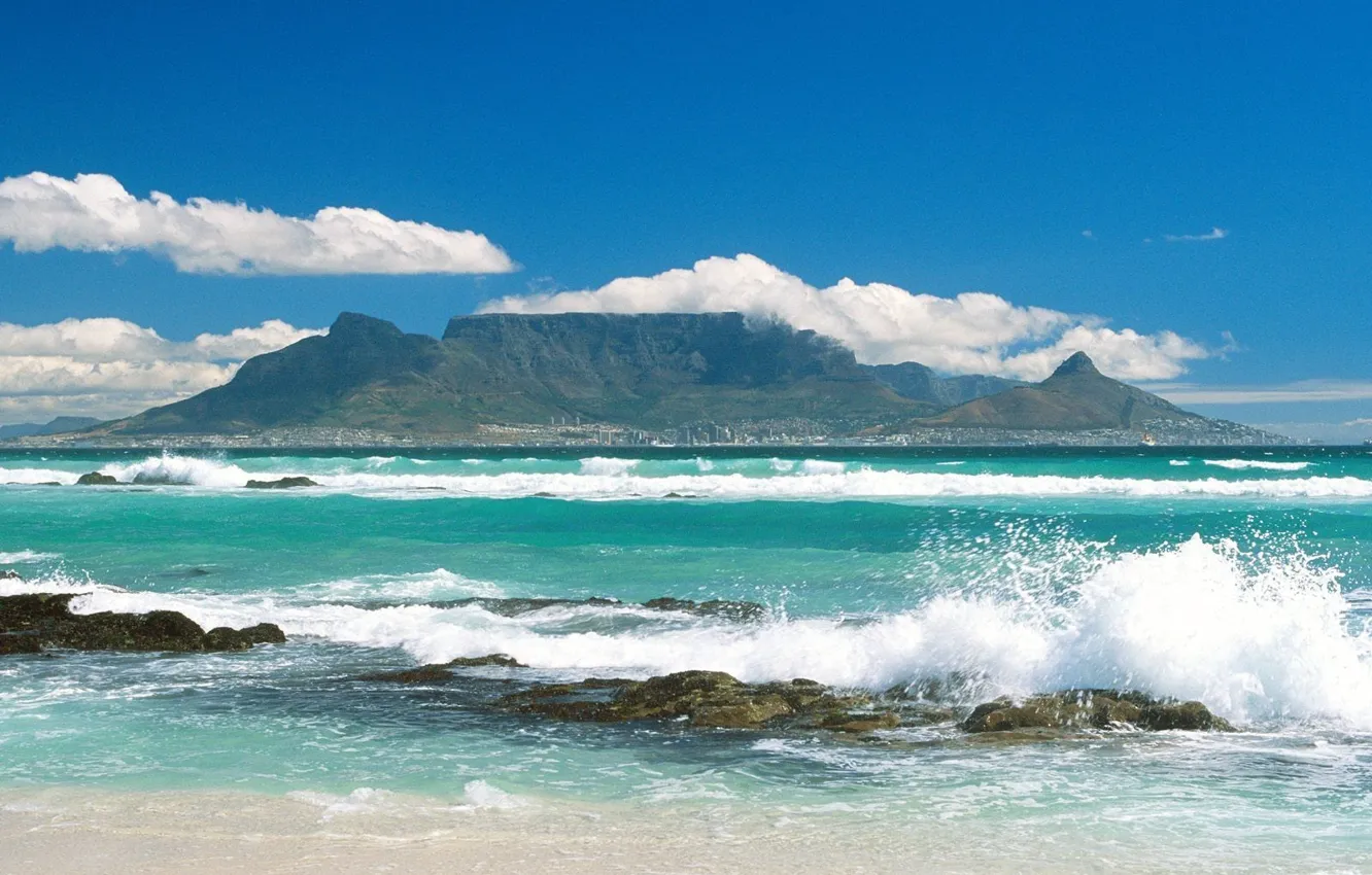 Photo wallpaper sea, mountains, the city, shore