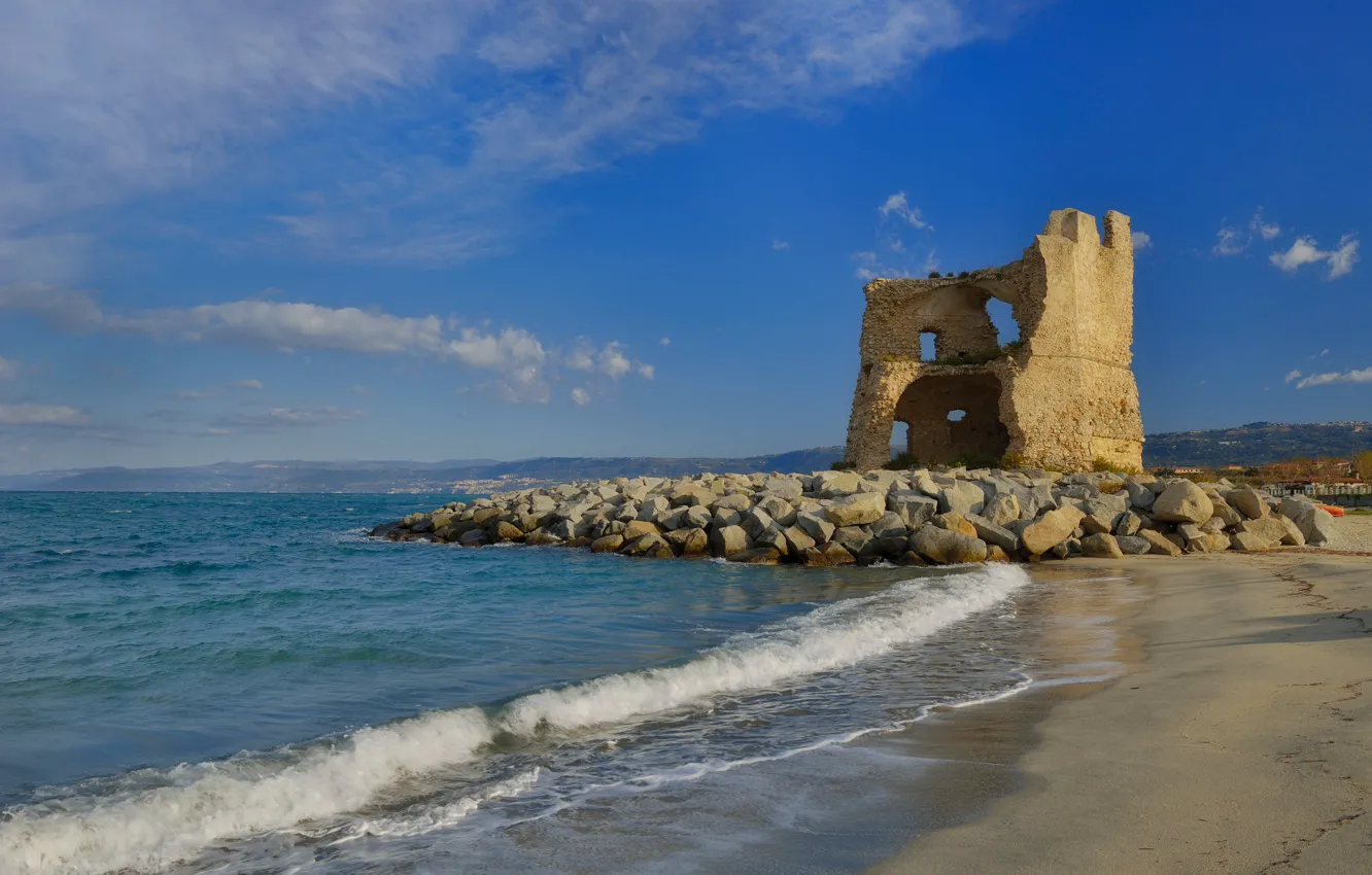 Photo wallpaper sea, shore, tower, Italy, ruins, Calabria, Briatico