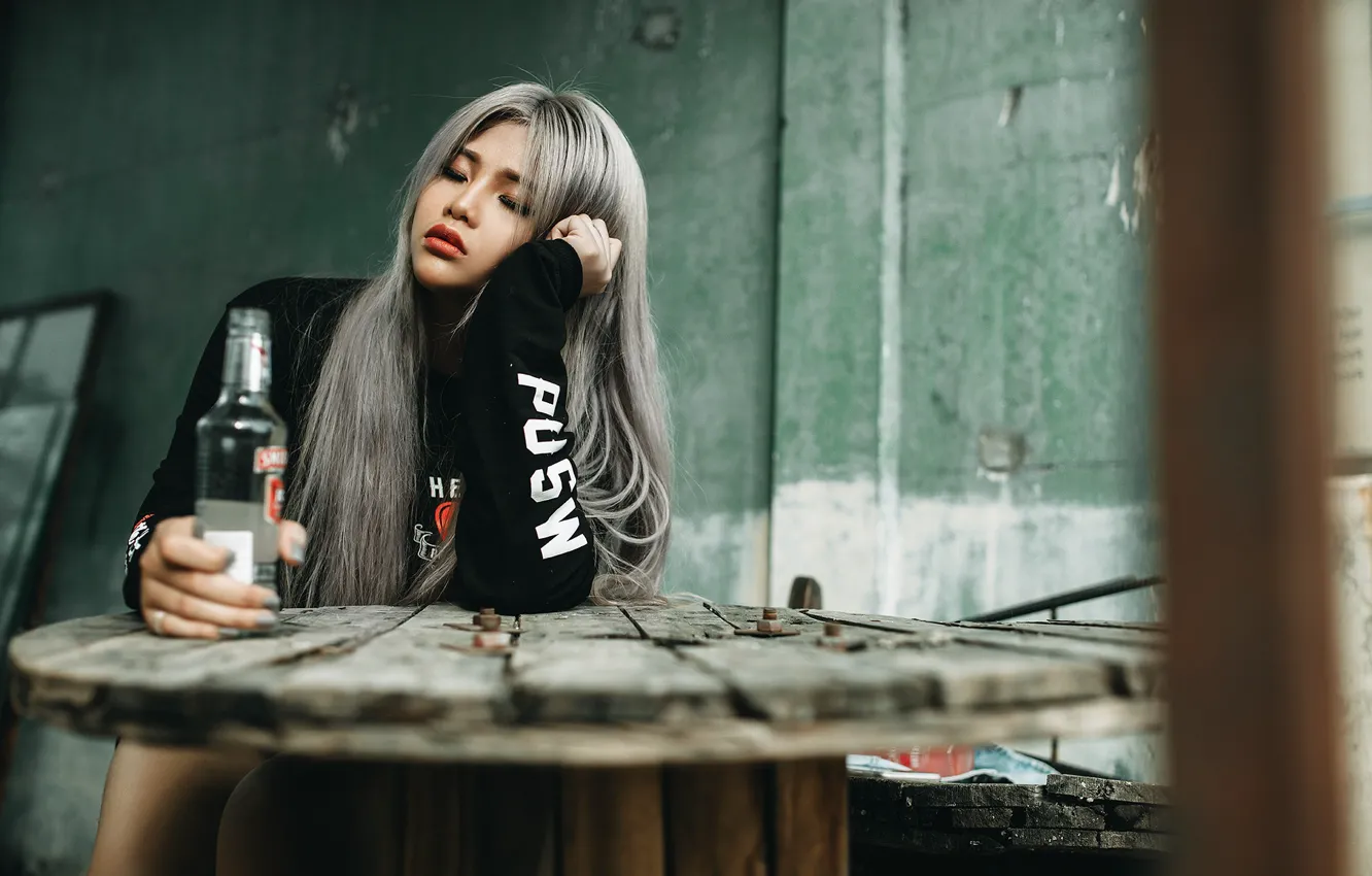 Photo wallpaper girl, mood, bottle