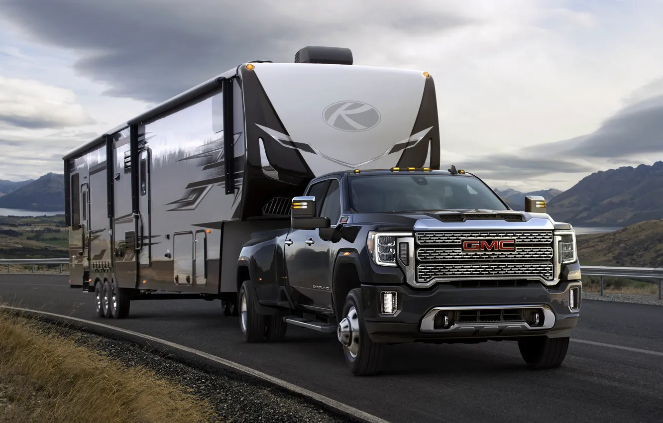 Photo wallpaper road, pickup, trailer, tractor, GMC, Sierra, 2019, Sierra 3500HD Denali