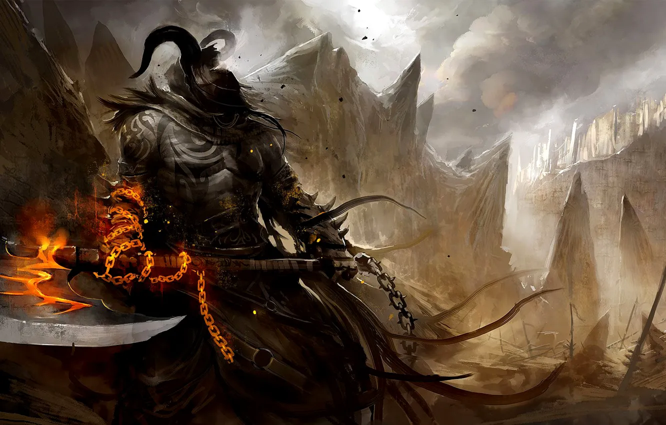 Photo wallpaper weapons, rocks, flame, the demon, chain, horns, gorge, Guild Wars