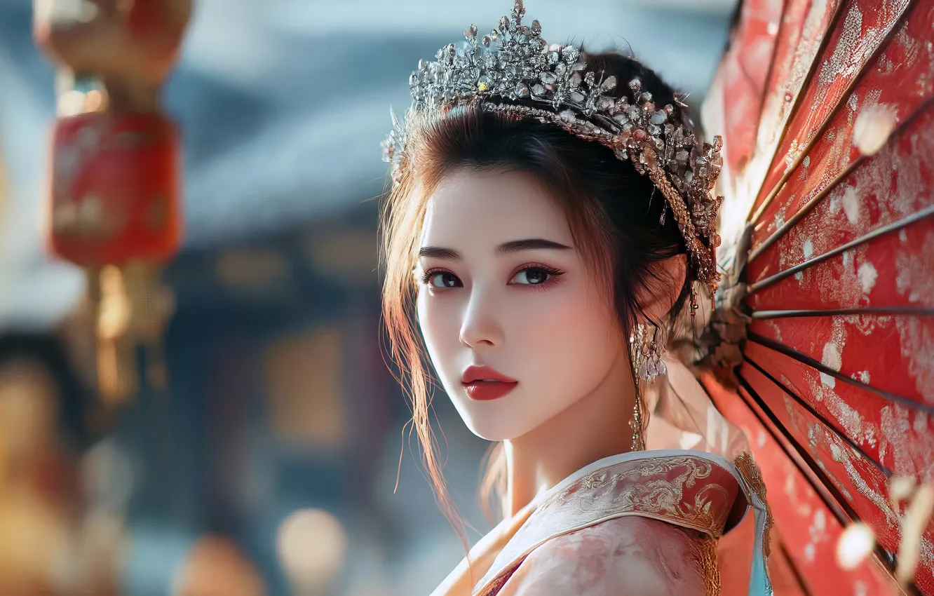 Photo wallpaper girl, umbrella, crown, makeup, Asian, Princess, AI art, neural network