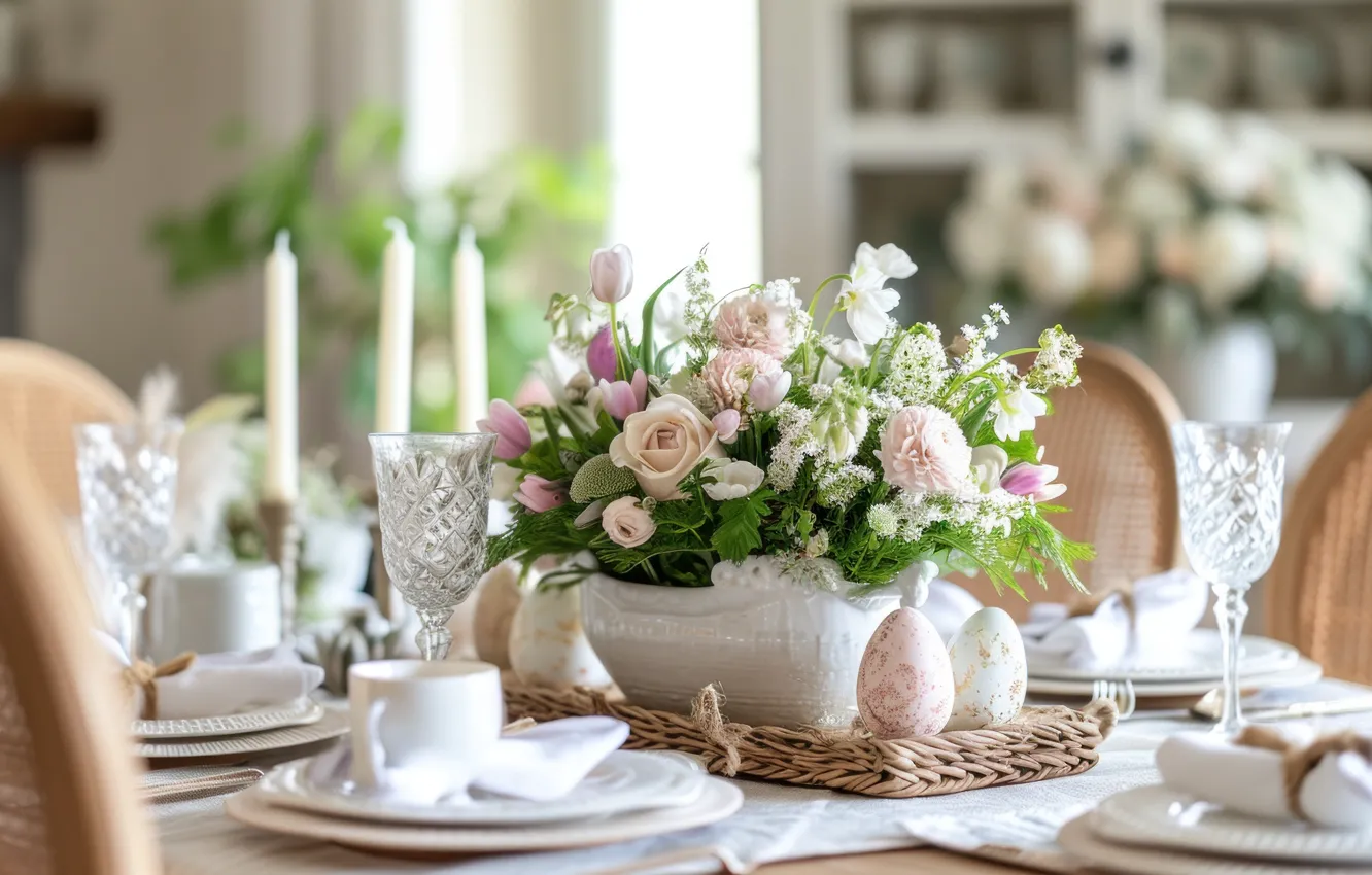 Photo wallpaper flowers, table, eggs, bouquet, candles, Easter, dishes, feast