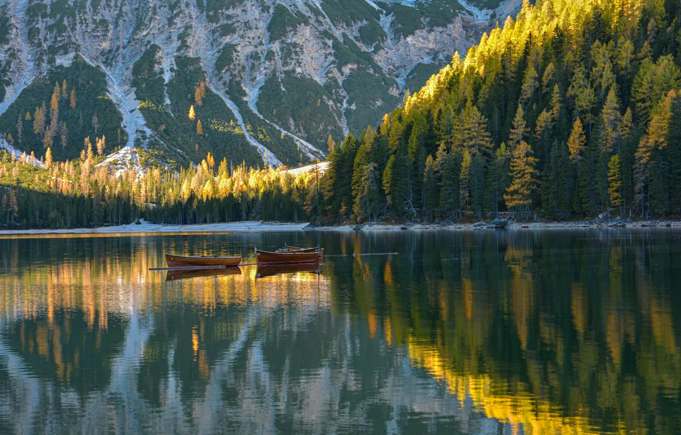 Photo wallpaper forest, landscape, mountains, nature, lake, reflection, boat, morning