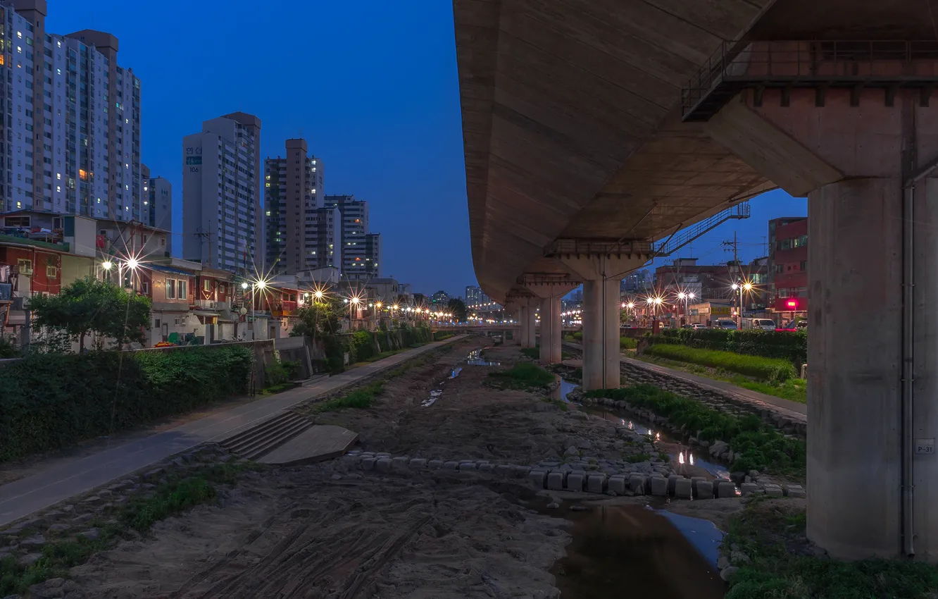 Photo wallpaper bridge, lights, home, the evening, lights, support, Seoul, South Korea