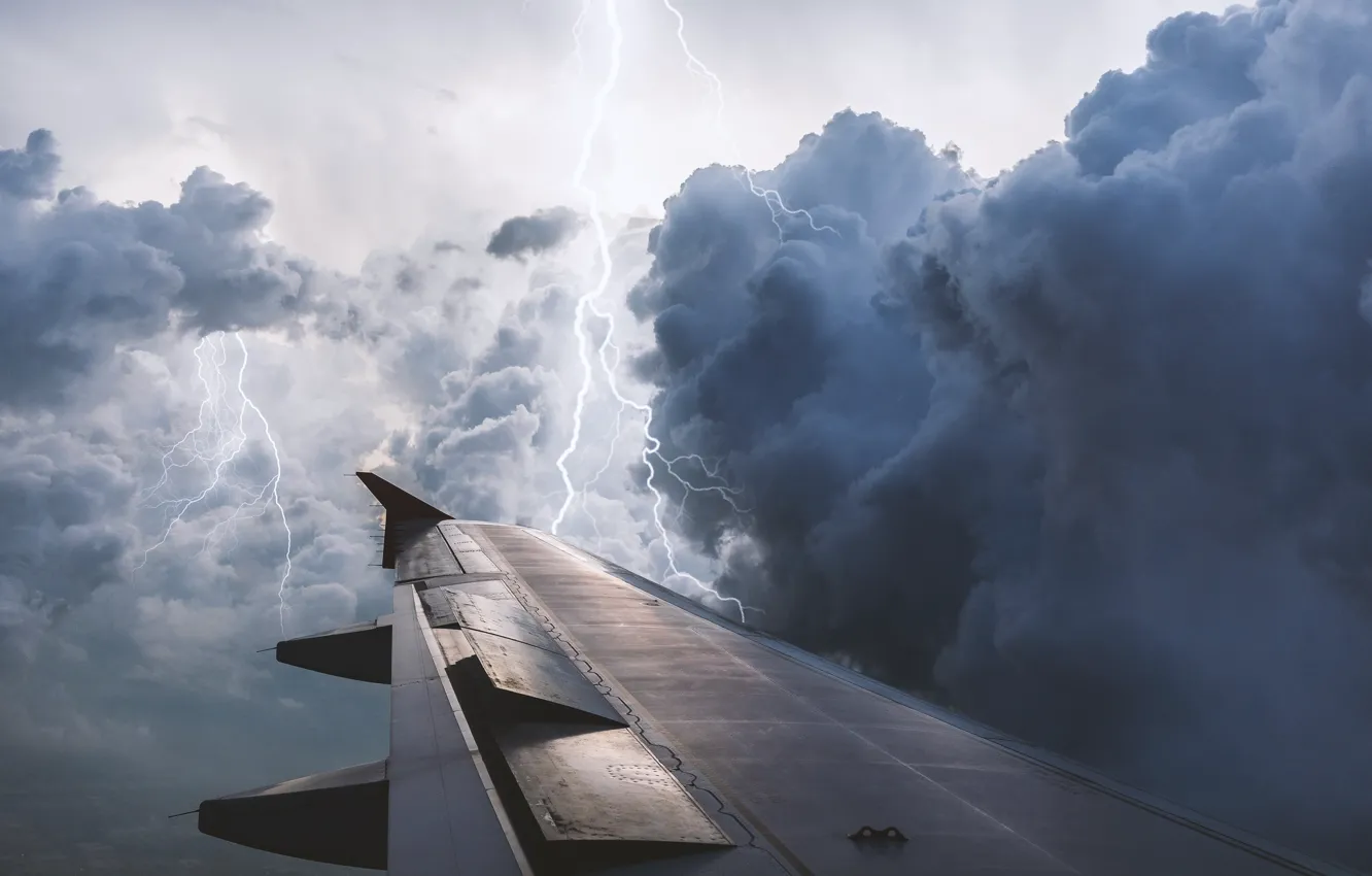 Photo wallpaper the storm, the sky, clouds, flight, clouds, the plane, rendering, lightning