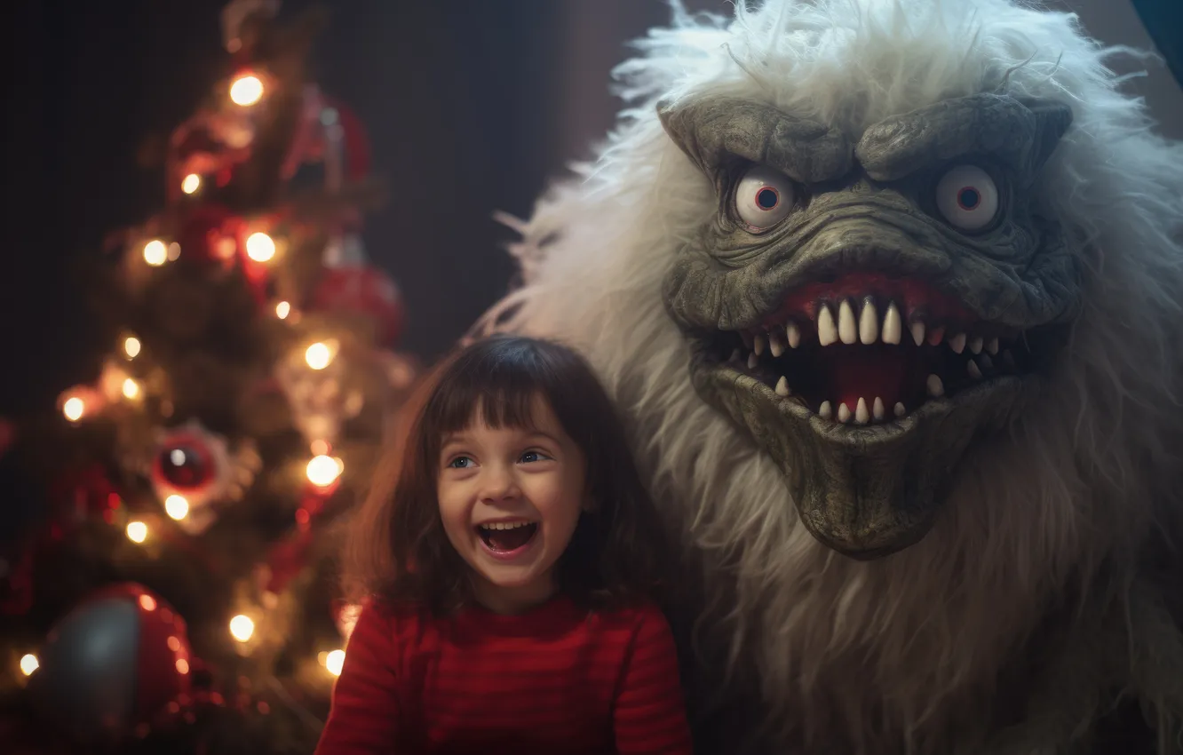 Photo wallpaper joy, lights, smile, toy, tree, new year, monster, Christmas