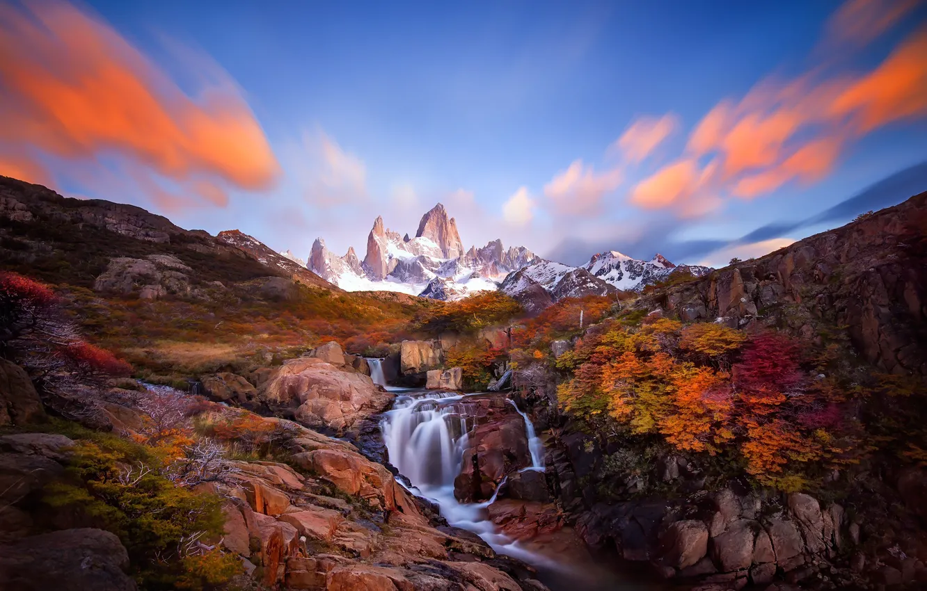 Photo wallpaper autumn, mountains, river, rocks, dervla, Patagonia