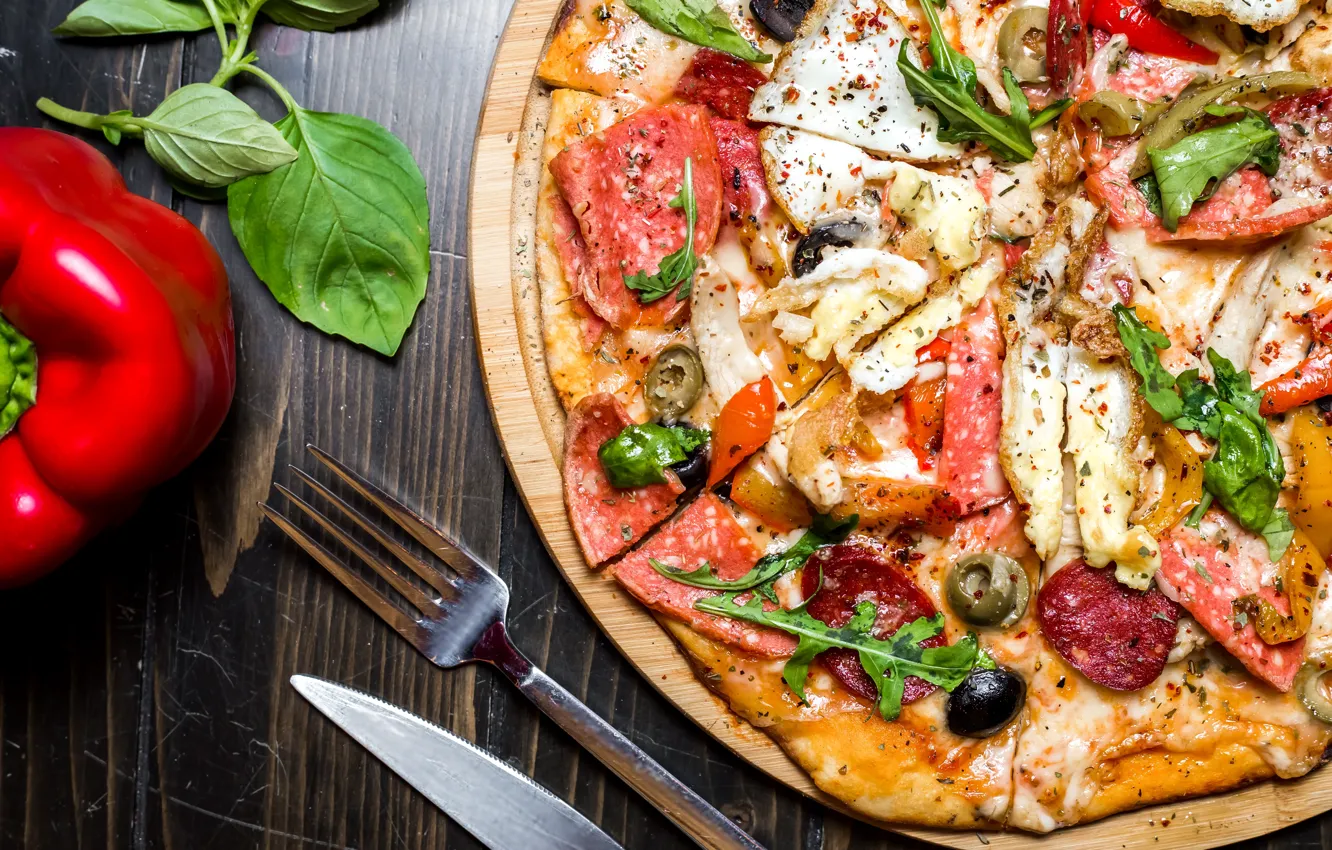 Photo wallpaper macro, pepper, pizza, sausage