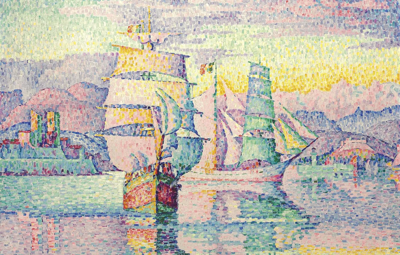 Photo wallpaper ship, picture, sail, seascape, Paul Signac, pointillism, Antibes. Brigantine