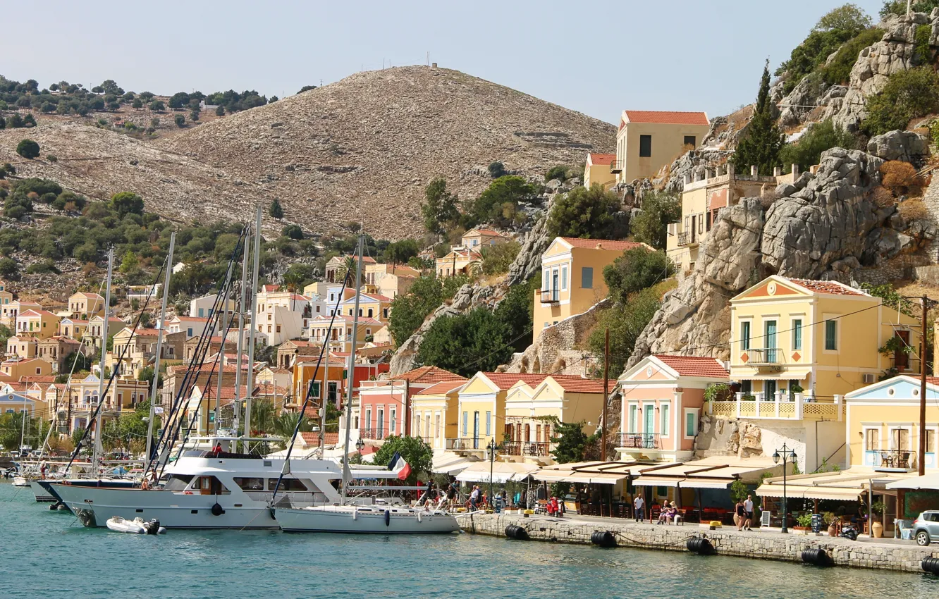 Photo wallpaper the city, photo, rocks, home, yacht, Greece, pier, Simi Island